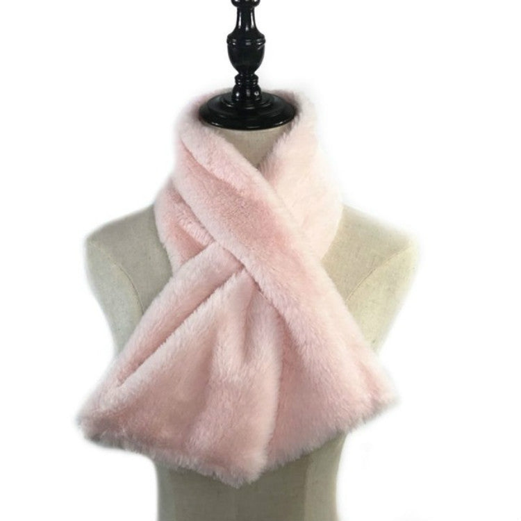 Light pink plush faux rabbit fur scarf, thick twisted wrap on mannequin.