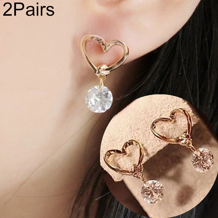 Gold heart hoop earrings with dangling clear crystal drops, 2 pairs