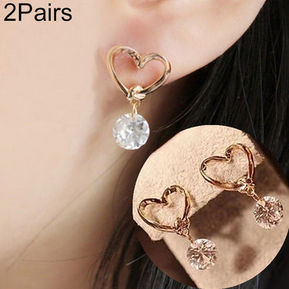 Gold heart hoop earrings with dangling clear crystal drops, 2 pairs