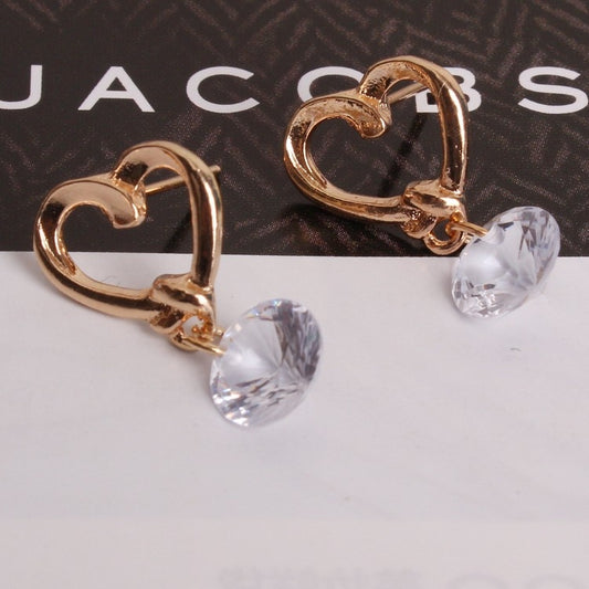 Gold heart hoop earrings with dangling round clear crystals