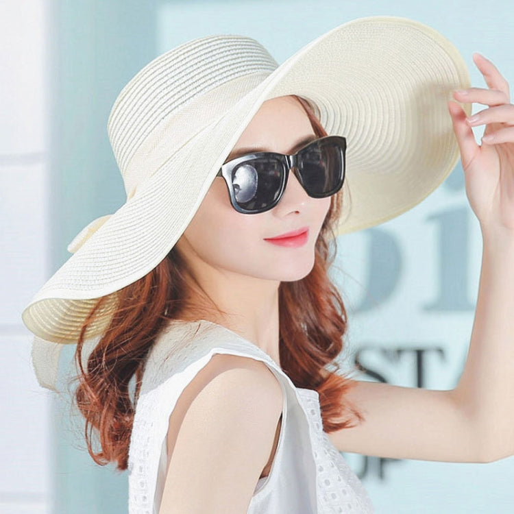 Foldable wide-brim sun hat, white straw with wide floppy brim and protective shade