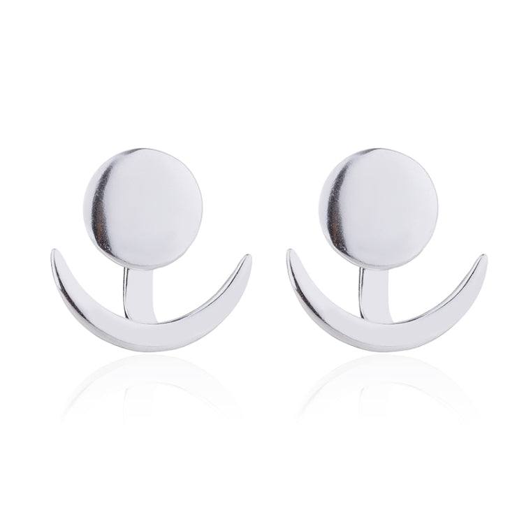 Silver crescent moon stud earrings with round top plates and curved geometric bars