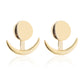 Gold crescent moon stud earrings with round disks and curved crescent, pair