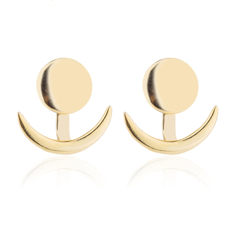 Gold crescent moon stud earrings with round disks and curved crescent, pair