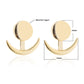 Gold crescent moon stud earrings with round disks and curved crescent, size shown