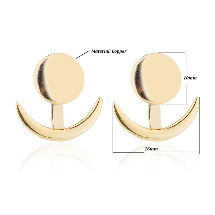 Gold crescent moon stud earrings with round disks and curved crescent, size shown
