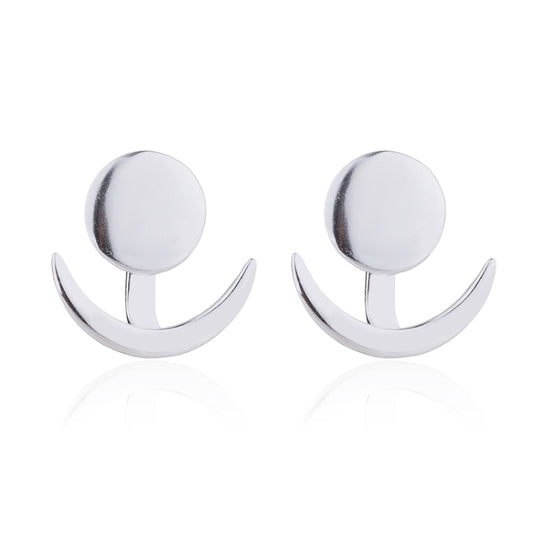 Silver crescent moon stud earrings with round top plates and curved geometric bars