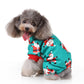Teal holiday pet onesie with snowman print and red cuffs, pet sitting and looking forward