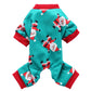 Teal holiday pet onesie with snowman print, red leg cuffs and elastic foot openings
