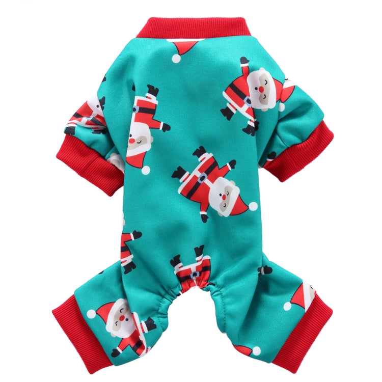 Teal holiday pet onesie with snowman print, red leg cuffs and elastic foot openings