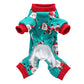 Teal holiday pet onesie with snowman print, red collar and leg cuffs, elastic waist