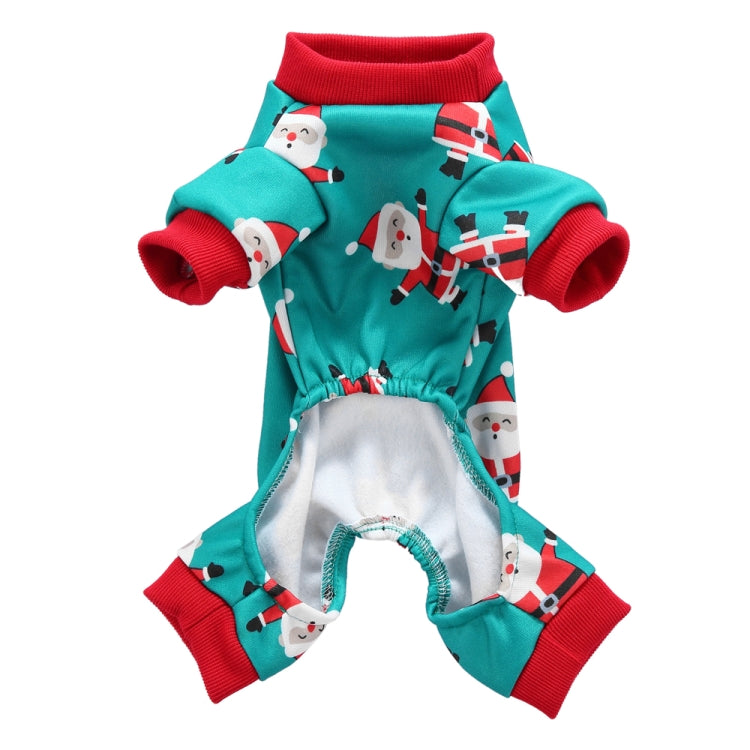 Teal holiday pet onesie with snowman print, red collar and leg cuffs, elastic waist