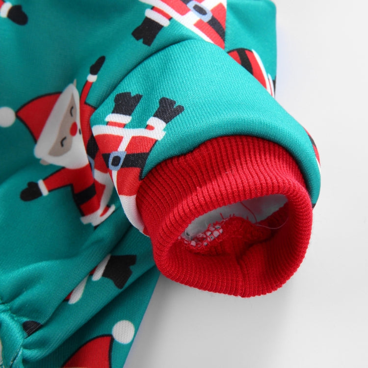 Teal sleeve opening with red ribbed cuff on snowman-print pet onesie