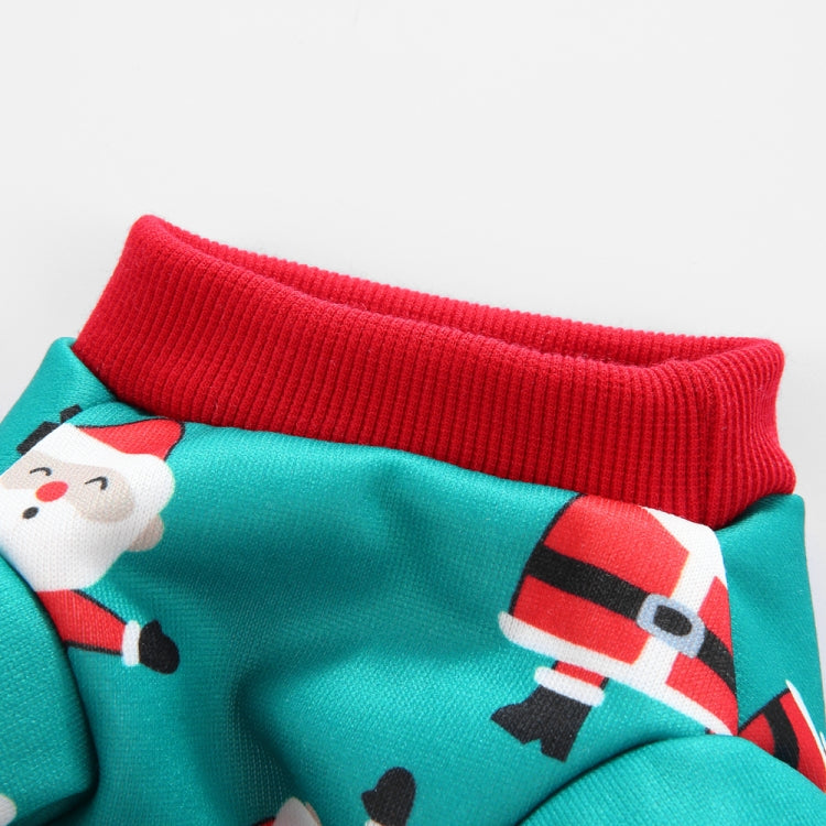 Red ribbed collar on teal snowman-print pet onesie