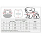 Pet apparel size chart with back length, chest, and weight for S to XL