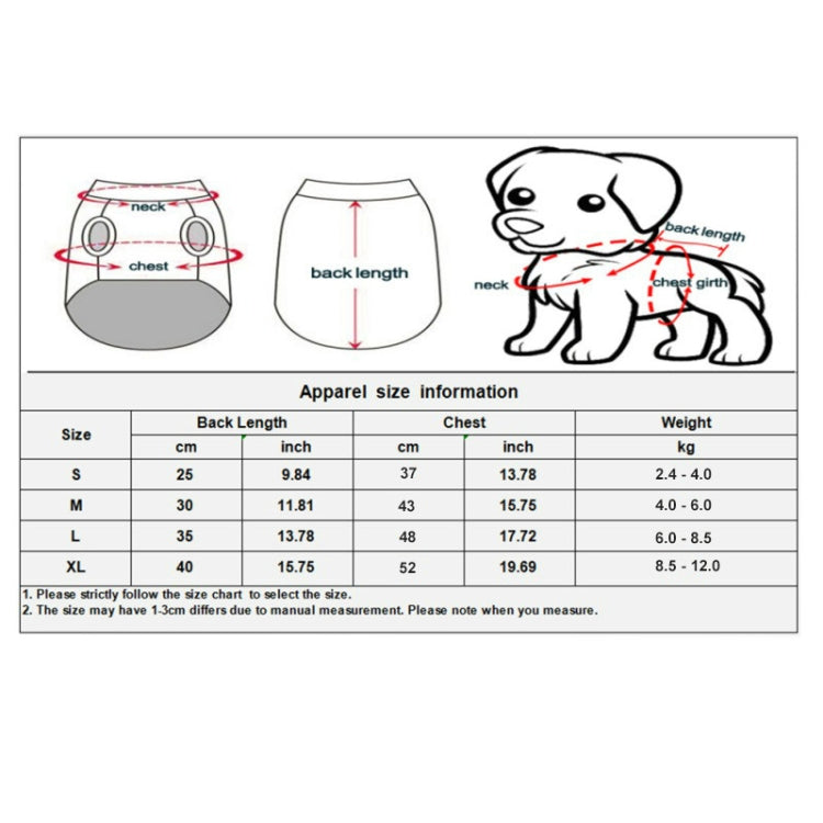 Pet apparel size chart with back length, chest, and weight for S to XL
