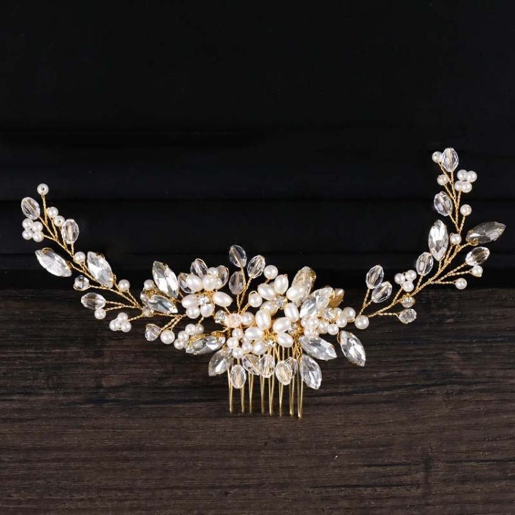 Bridal hair comb tiara with pearl and crystal rhinestone leaf design