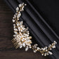 Bridal hair comb tiara with gold-tone branchwork, pearls, and crystal rhinestones