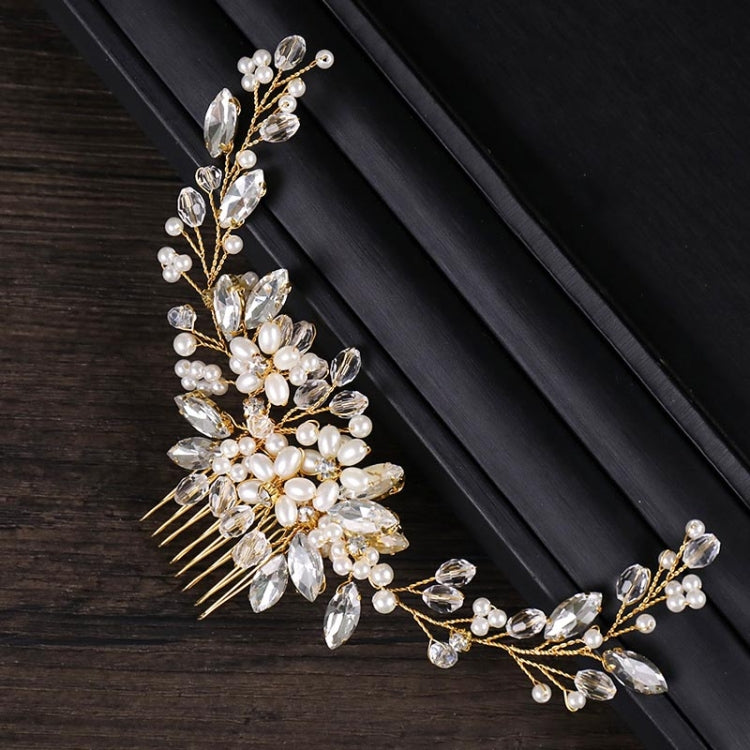 Bridal hair comb tiara with gold-tone branchwork, pearls, and crystal rhinestones