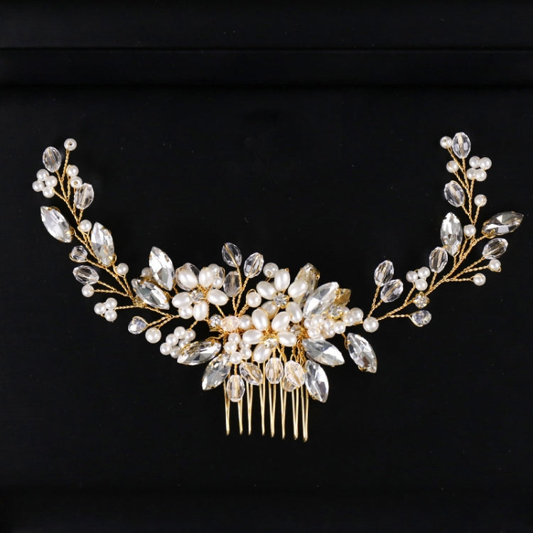 Bridal hair comb tiara with pearl clusters, crystal marquise stones, and gold comb