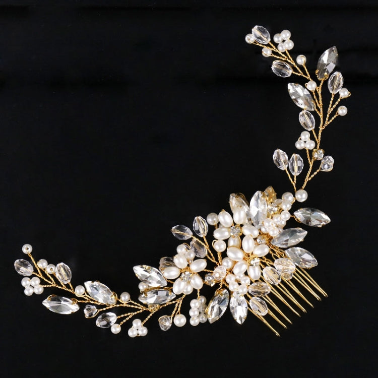 Bridal hair comb tiara with pearl drops, clear rhinestones, and curved gold comb