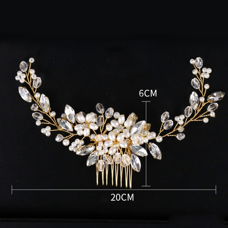 Bridal hair comb tiara, 20cm wide and 6cm high; pearls and rhinestone leaves