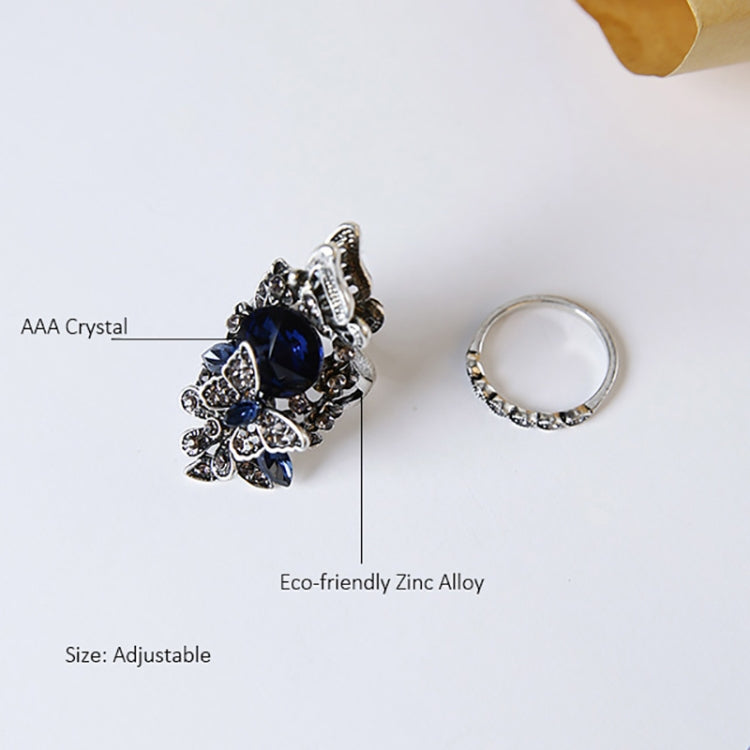 Adjustable blue gemstone butterfly ring with matching open crystal band