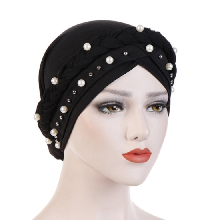 Ladies turban cap with pearl rivets on braided front wrap, black fabric hood
