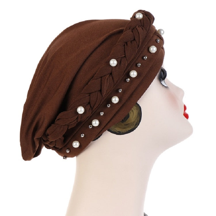 Ladies turban cap with pearl rivets on side, braided wrap, brown fabric hood