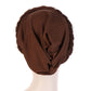 Ladies turban cap back view with braided knot and pearl rivets, brown fabric