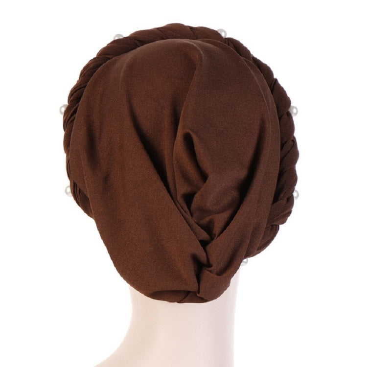 Ladies turban cap back view with braided knot and pearl rivets, brown fabric