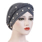 Ladies turban cap with pearl rivets on braided wrap, dark navy headscarf