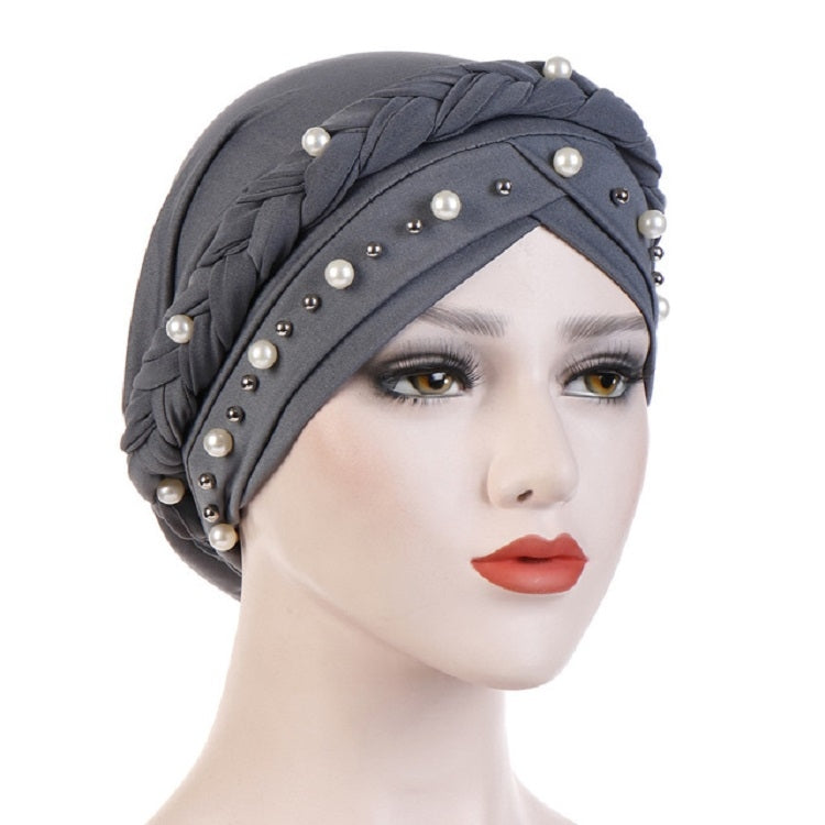 Ladies turban cap with pearl rivets on braided wrap, dark navy headscarf