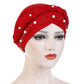 Ladies turban cap with pearl rivet embellishment, braided wrap design, red headscarf