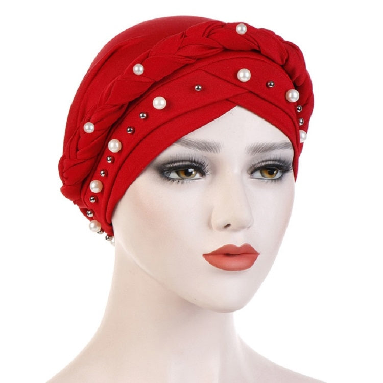Ladies turban cap with pearl rivet embellishment, braided wrap design, red headscarf