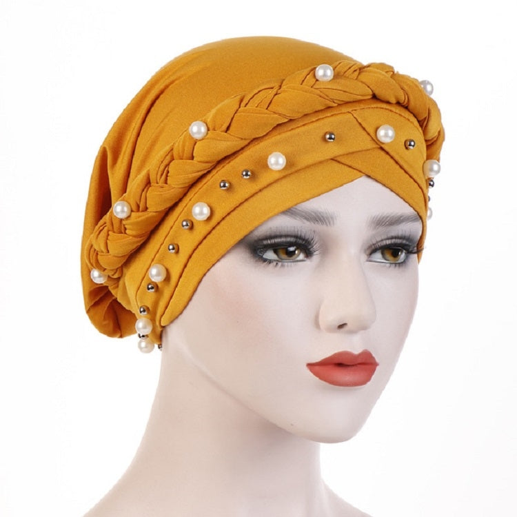 Ladies turban cap with pearl rivets on braided wrap, mustard yellow headscarf
