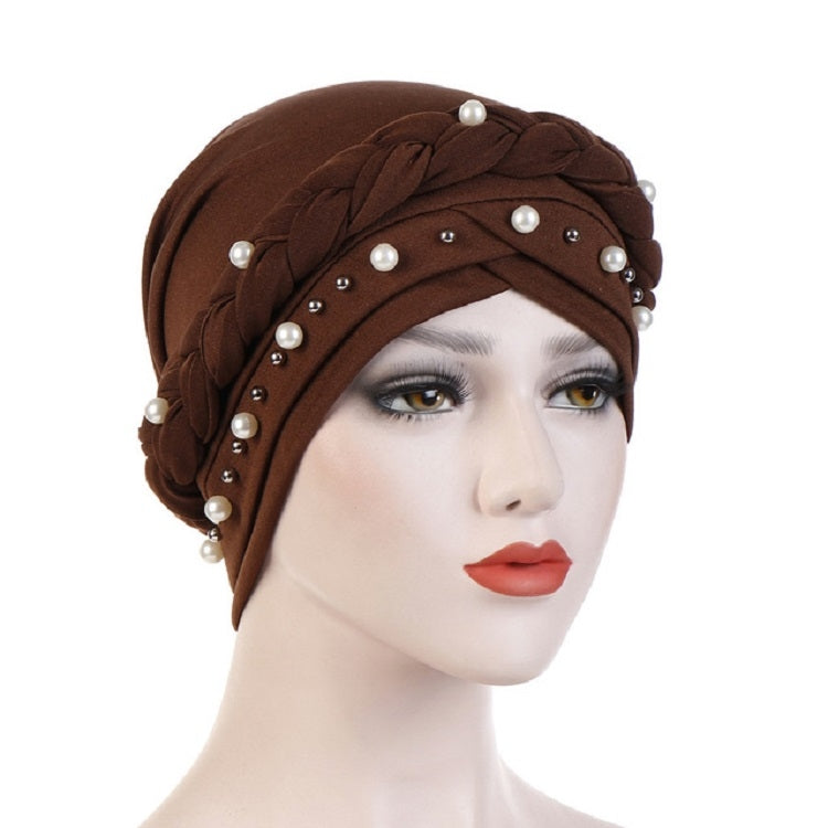 Ladies turban cap with pearl rivets on braided front wrap, dark brown headscarf