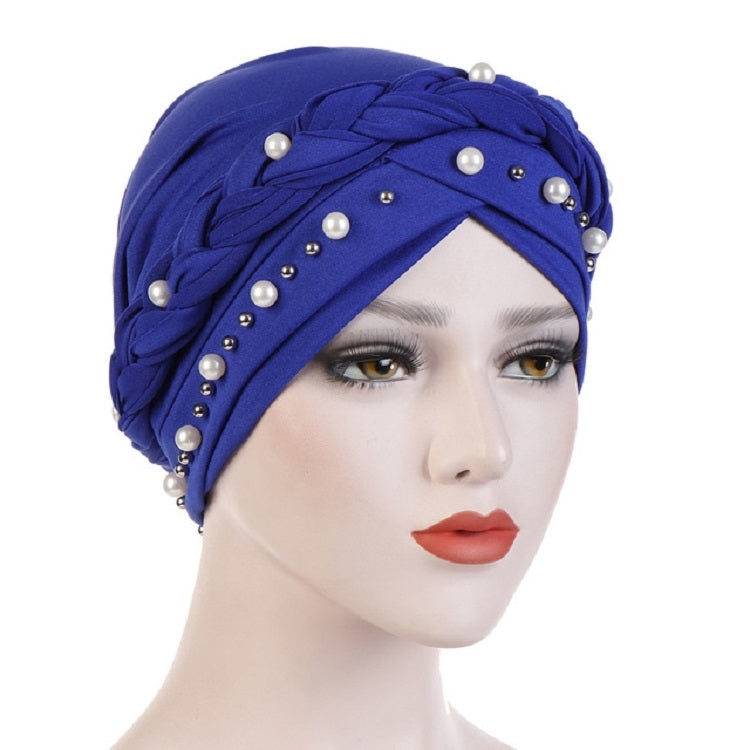 Women’s turban cap in royal blue with woven braid and white pearl bead trim