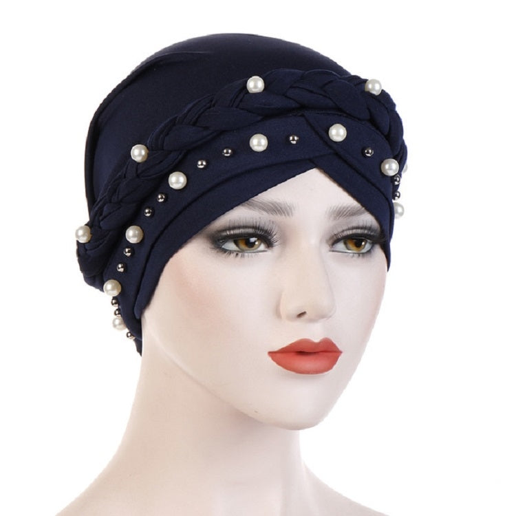 Women’s turban cap in navy with woven braid and white pearl bead trim