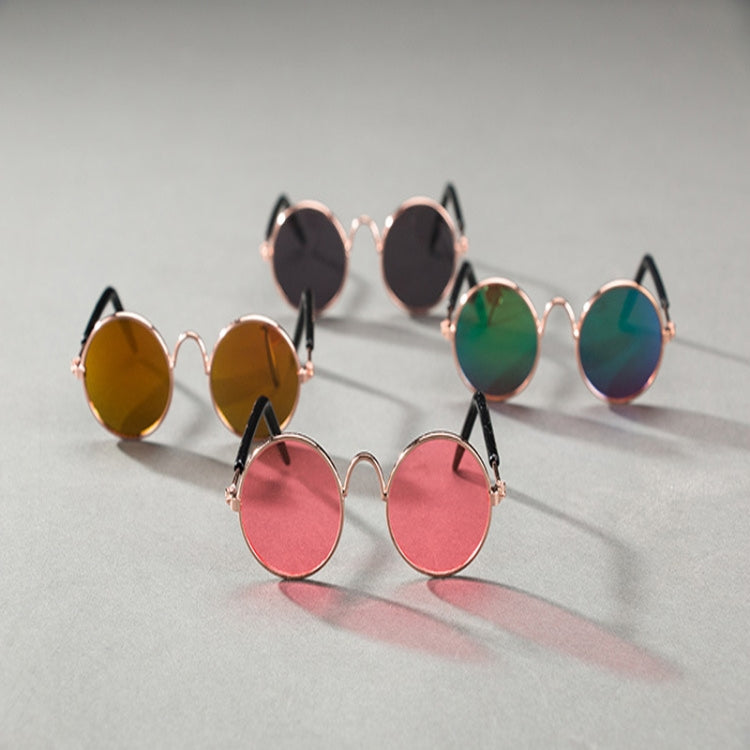 Pet sunglasses group with colorful reflective round lenses and thin rose-gold frames