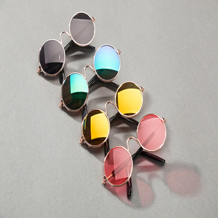 Pet sunglasses group with multicolor reflective round lenses, rose-gold rims, black stems