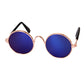 Round pet sunglasses with dark blue reflective lenses, rose-gold frame, black stems