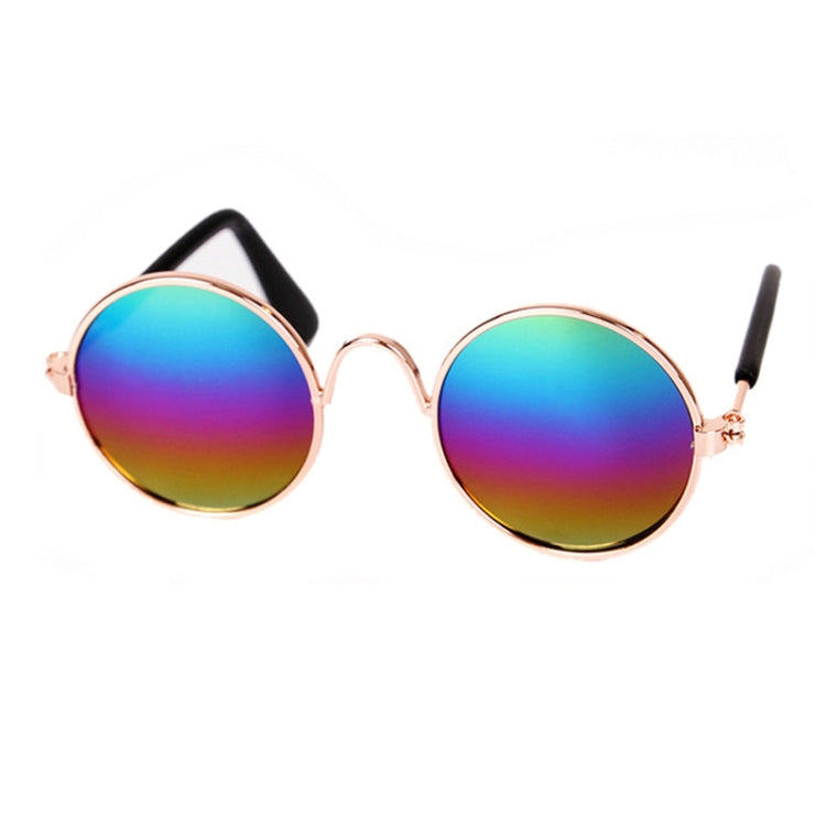 Round pet sunglasses with rainbow reflective lenses, rose-gold frame, black stems