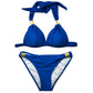 Two-piece solid triangle bikini swimsuit set, dark blue top with matching high-leg bottoms