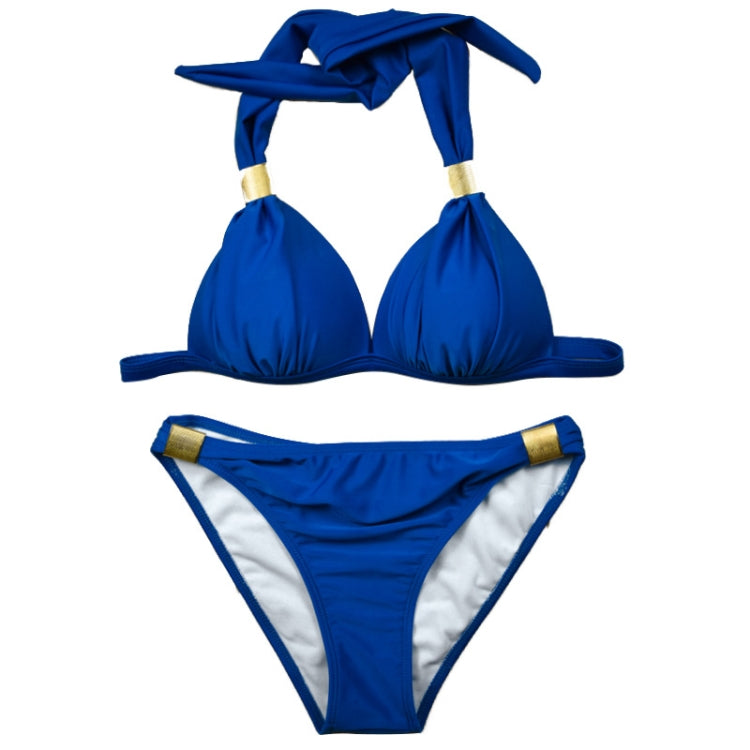 Two-piece solid triangle bikini swimsuit set, dark blue top with matching high-leg bottoms