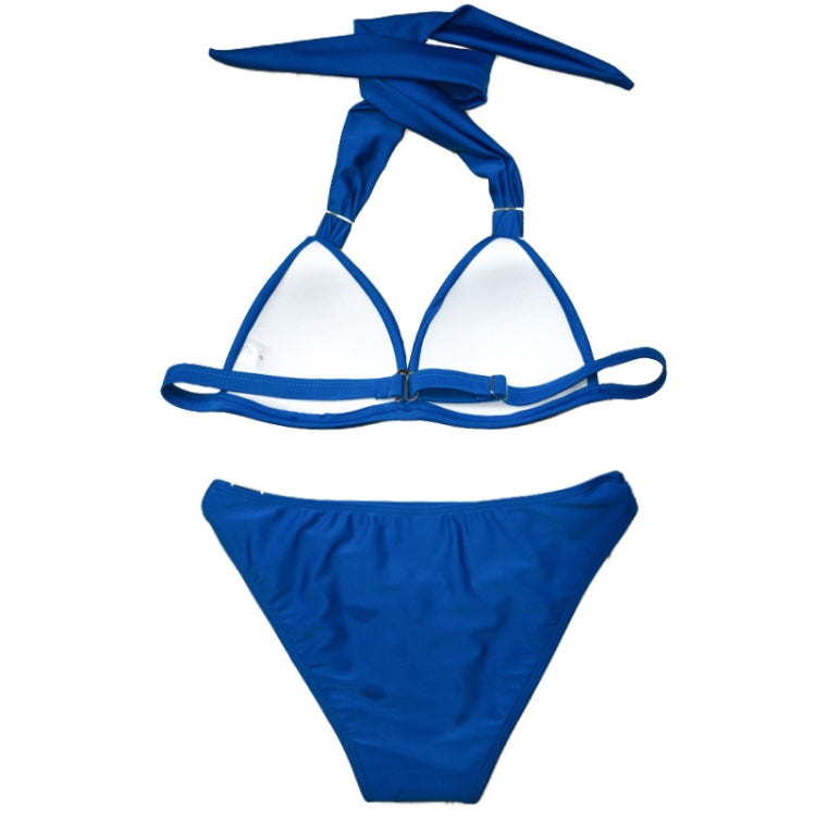 Two-piece solid triangle bikini swimsuit set, dark blue halter top and high-leg briefs