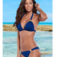 Two-piece solid triangle bikini swimsuit set, dark blue with halter tie and matching bottoms