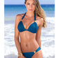 Dark blue two-piece bikini set with halter triangle top and matching tie-side bottoms