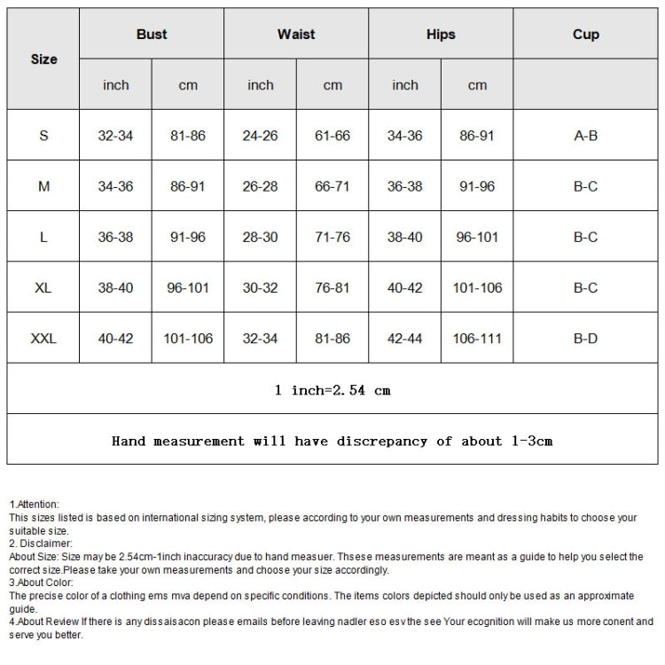 Swimsuit size chart with bust, waist, hips, and cup size measurements