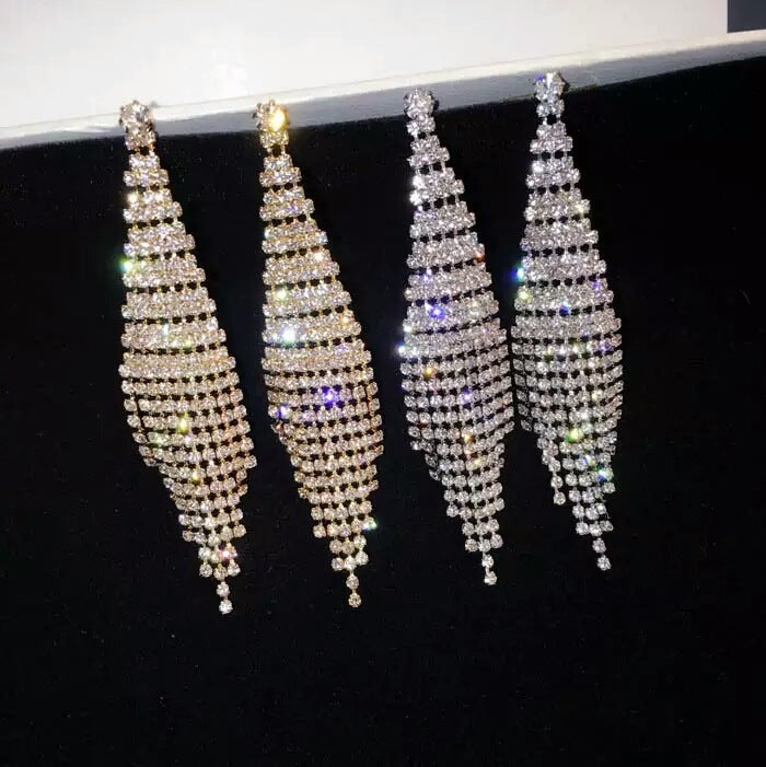 Two-color rhinestone tassel clip earrings in gold and silver, long drape with tiered stones